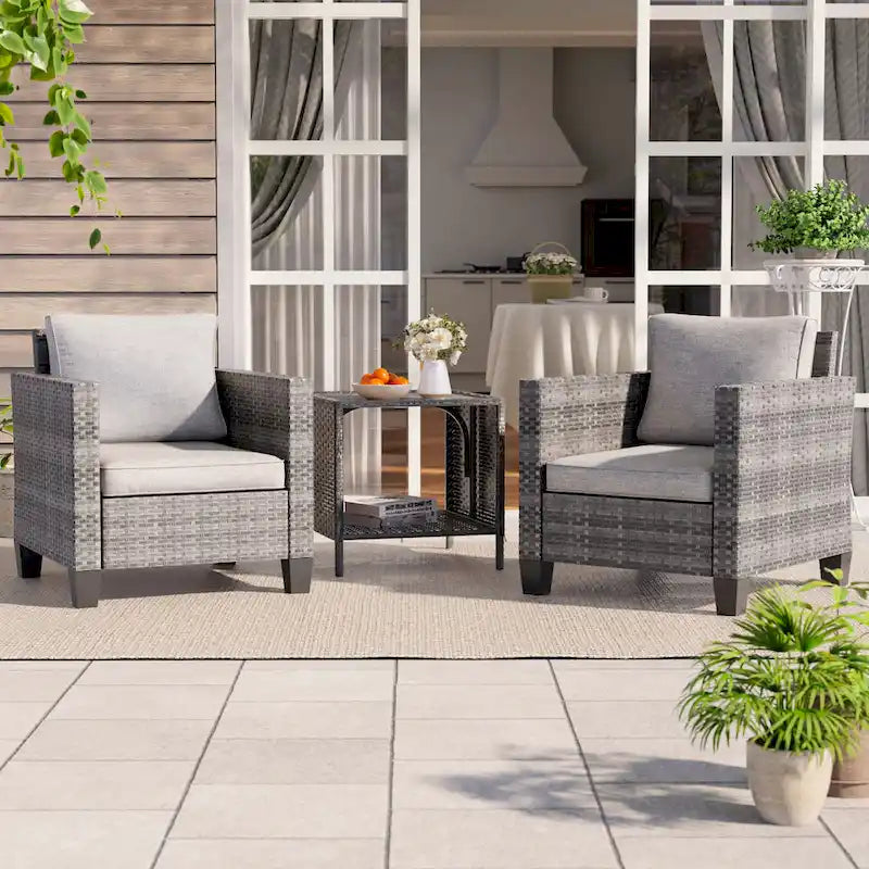 BONOSUKI Set Divano da Giardino 3 Pezzi in Rattan Grigio con Tavolino Laterale
