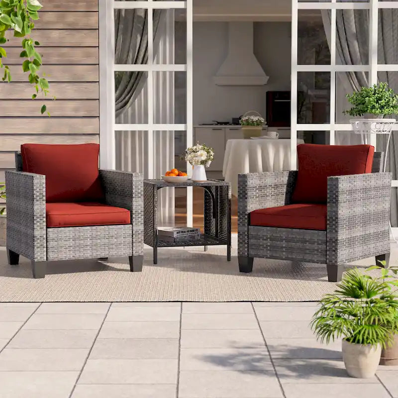 BONOSUKI Set Divano da Giardino 3 Pezzi in Rattan Grigio con Tavolino Laterale