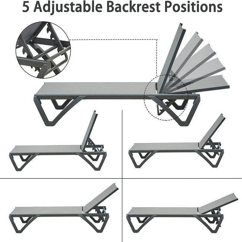 Set 3 pz. sdraio da esterno in alluminio con tavolino e 5 posizioni regolabili