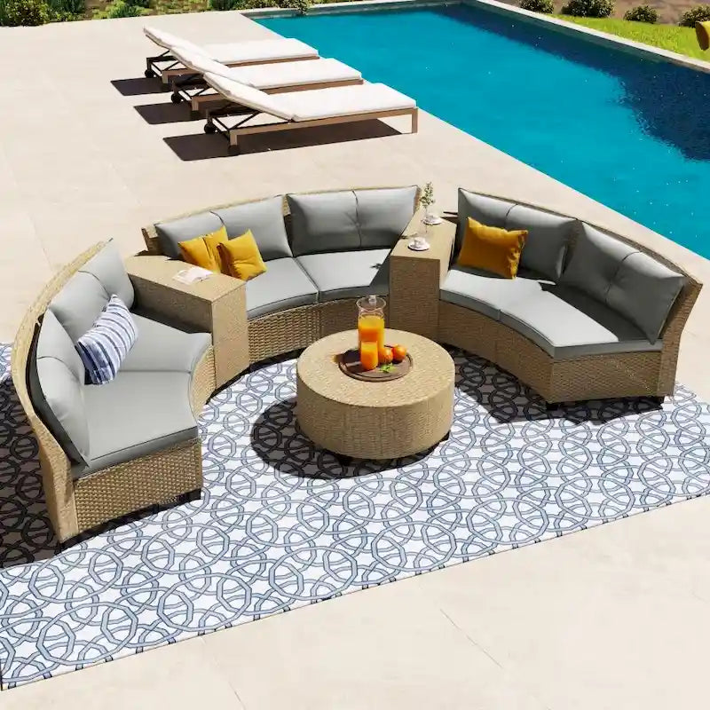 Combinazione di mobili da giardino a ventaglio in rattan per 6 persone con cuscini e tavolo