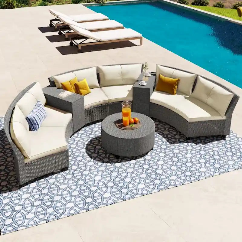Combinazione di mobili da giardino a ventaglio in rattan per 6 persone con cuscini e tavolo