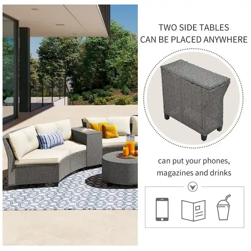 Combinazione di mobili da giardino a ventaglio in rattan per 6 persone con cuscini e tavolo