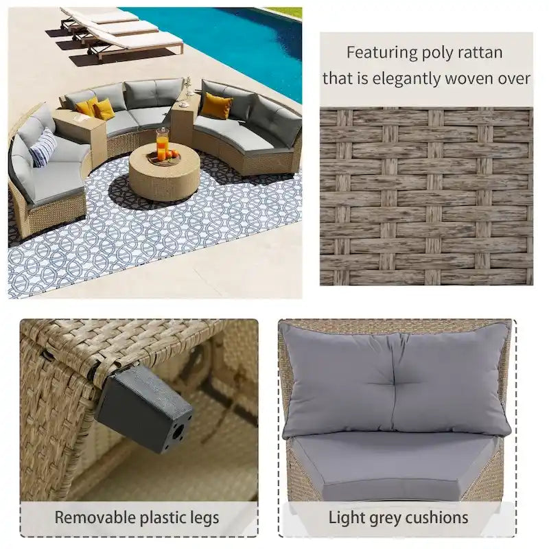 Combinazione di mobili da giardino a ventaglio in rattan per 6 persone con cuscini e tavolo
