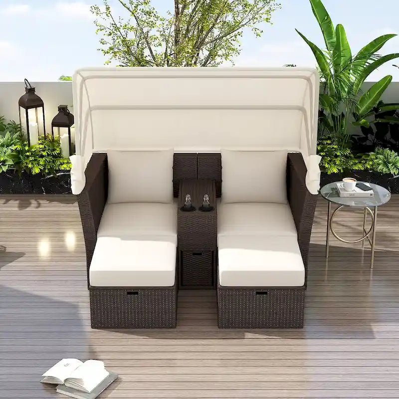 Set Divano a Due Posti Convertibile per Esterni con Tettuccio Retrattile, Portabicchieri, Contenitori e Cuscini Idrorepellenti