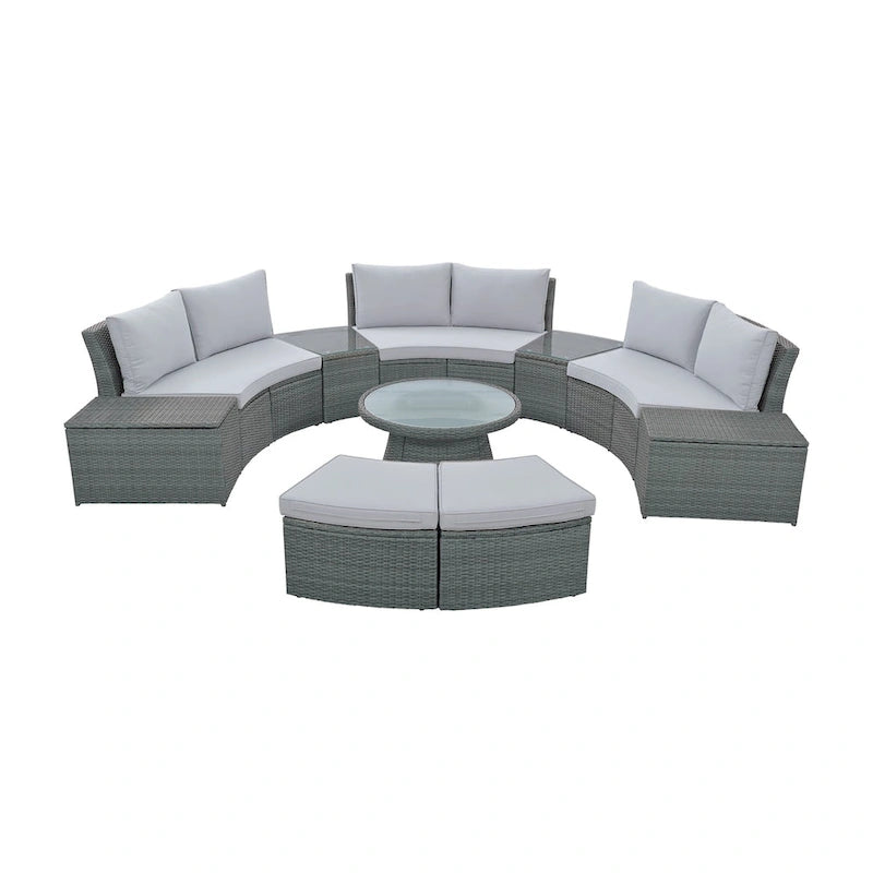 Ensemble de canapé d'extérieur demi-rond en rotin de 10 pièces, mobilier de conversation en osier PE pour combinaison libre