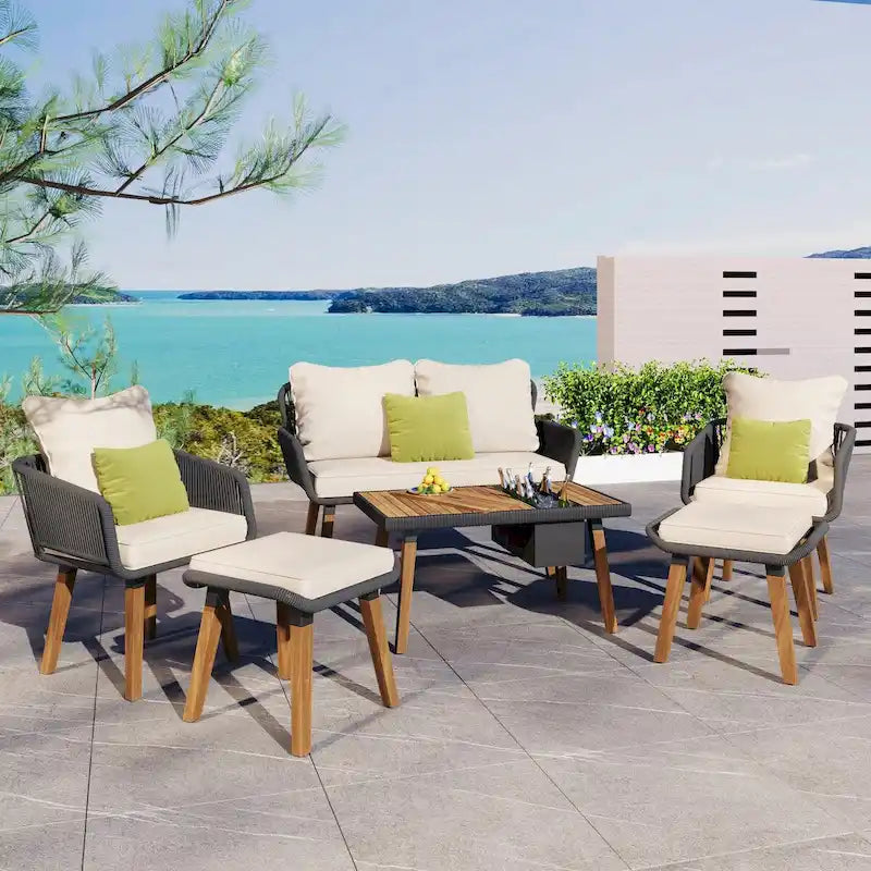 Set da 6 mobili per patio in corda con tavolo bar rinfrescante in legno di acacia