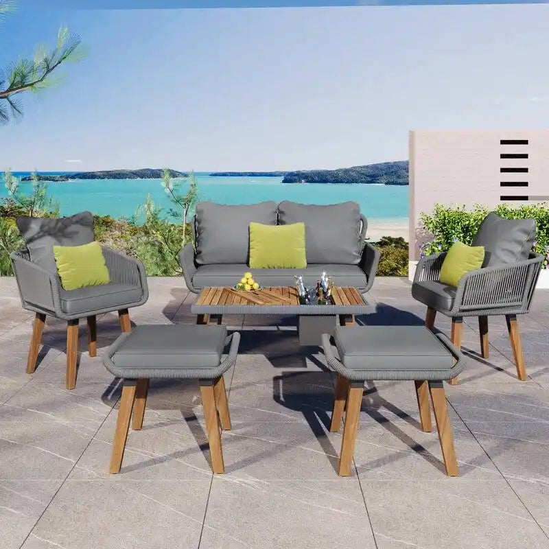 Set da 6 mobili per patio in corda con tavolo bar rinfrescante in legno di acacia