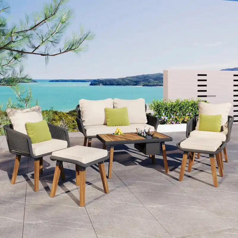 Set da 6 mobili per patio in corda con tavolo bar rinfrescante in legno di acacia