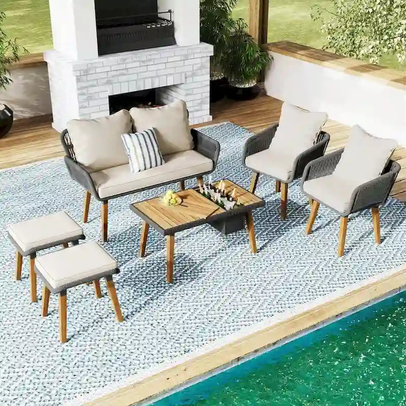 Set da 6 mobili per patio in corda con tavolo bar rinfrescante in legno di acacia