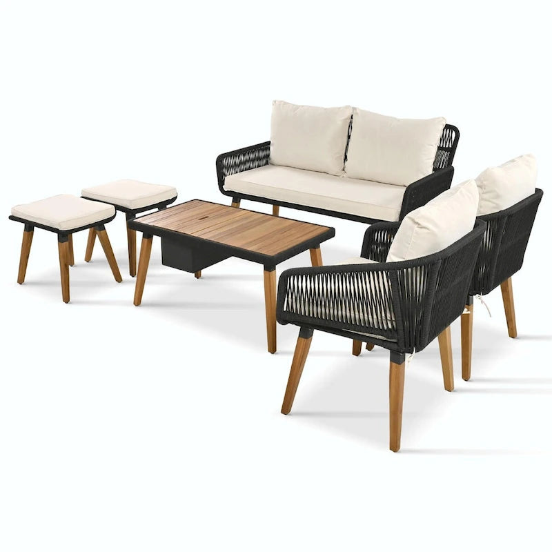 Set da 6 mobili per patio in corda con tavolo bar rinfrescante in legno di acacia