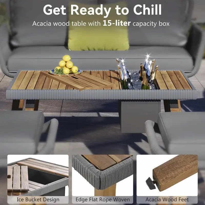 Set da 6 mobili per patio in corda con tavolo bar rinfrescante in legno di acacia