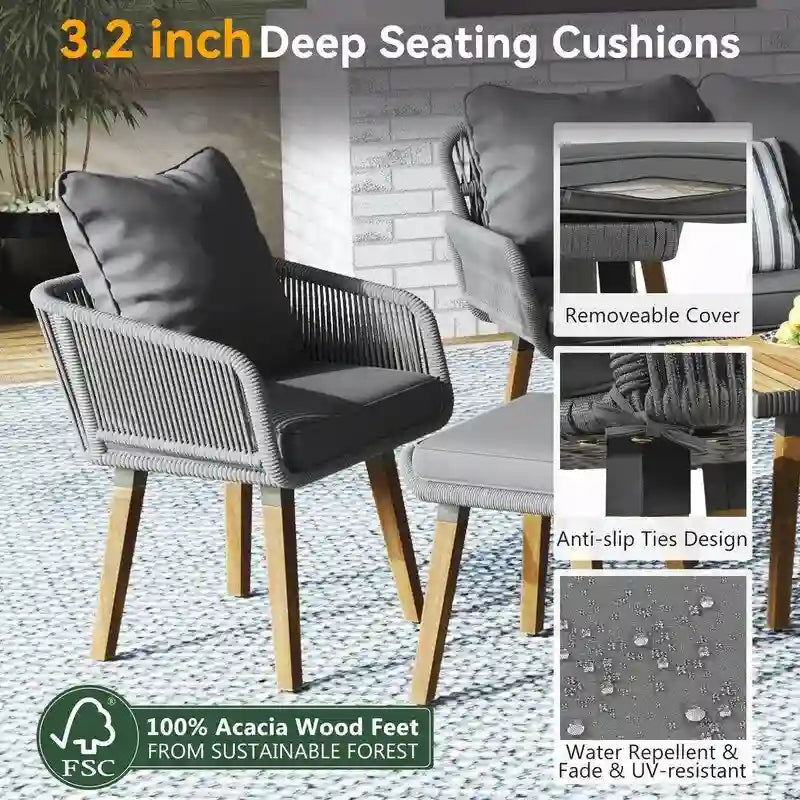 Set da 6 mobili per patio in corda con tavolo bar rinfrescante in legno di acacia