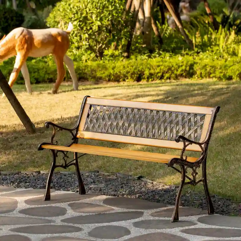 Panca da giardino classica in legno a doghe, struttura in acciaio, per cortile, patio, giardino, balcone e terrazzo