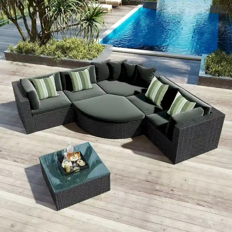 Set Divani da Esterno in Rattan da 7 Pezzi, Divano Chaise Longue in Rattan