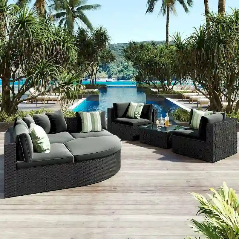 Set Divani da Esterno in Rattan da 7 Pezzi, Divano Chaise Longue in Rattan