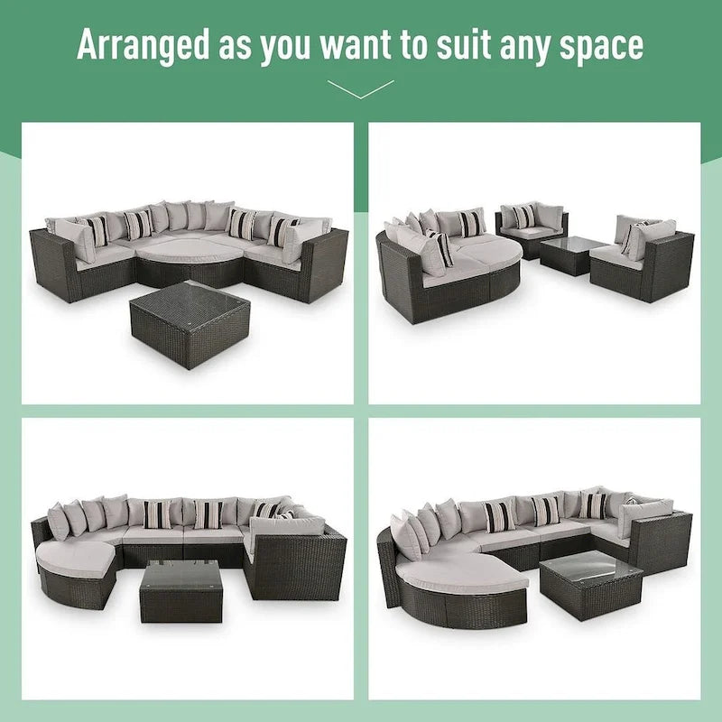 Set Divani da Esterno in Rattan da 7 Pezzi, Divano Chaise Longue in Rattan