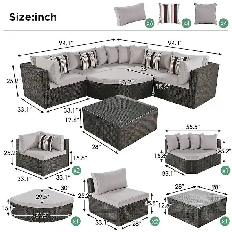 Set Divani da Esterno in Rattan da 7 Pezzi, Divano Chaise Longue in Rattan