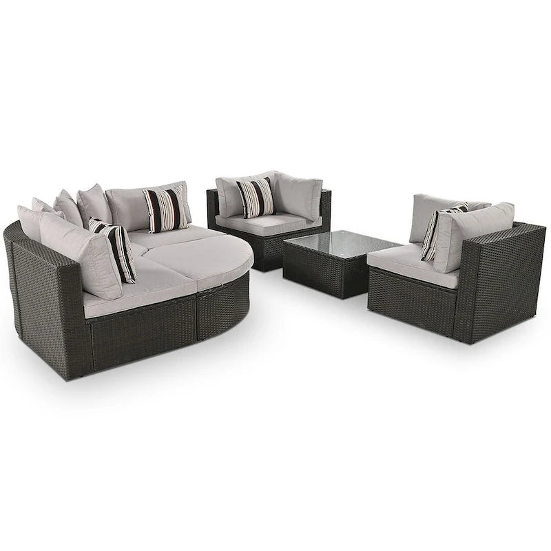 Set Divani da Esterno in Rattan da 7 Pezzi, Divano Chaise Longue in Rattan