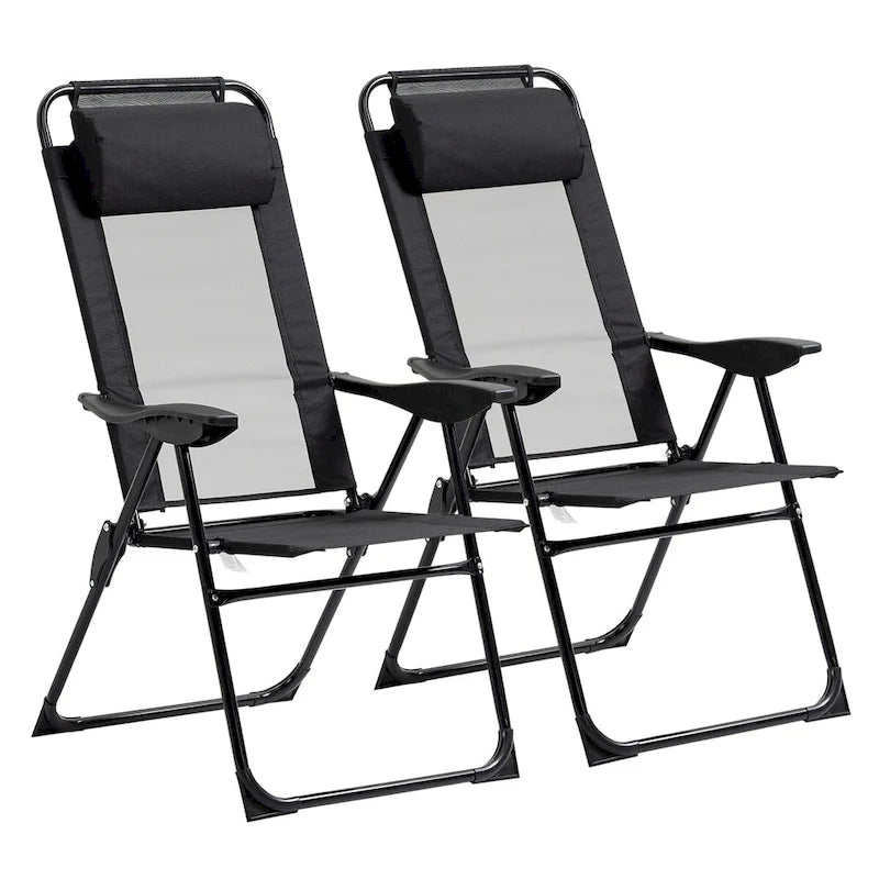 Folding Patio Chairs Set of 2, Deck Chair with Adjustable Sling Back, Camping Chair with Removable Headrest