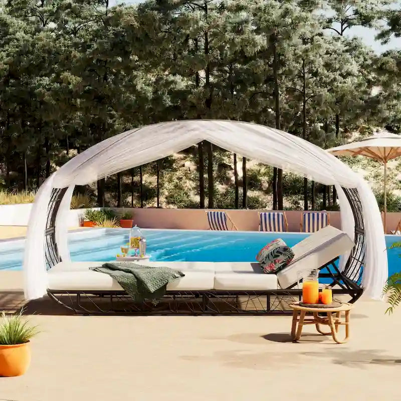 Oaks Aura Outdoor, Lettino Prendisole con Cuscino, Tenda e Cuscino Colorato, Sedie a Sdraio in Vimini, Reclinabili Regolabili per Giardino