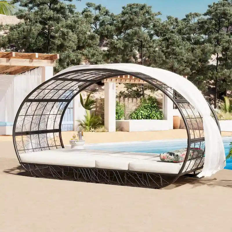 Oaks Aura Outdoor, Lettino Prendisole con Cuscino, Tenda e Cuscino Colorato, Sedie a Sdraio in Vimini, Reclinabili Regolabili per Giardino