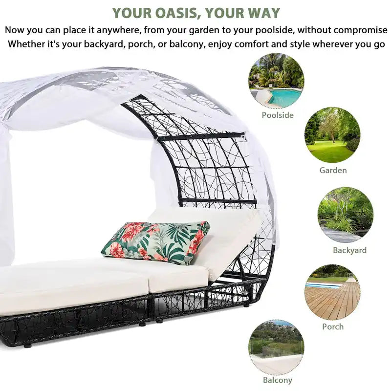 Oaks Aura Outdoor, Lettino Prendisole con Cuscino, Tenda e Cuscino Colorato, Sedie a Sdraio in Vimini, Reclinabili Regolabili per Giardino