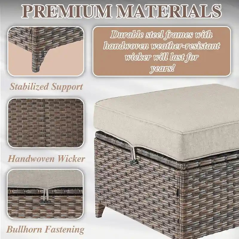 Divano da esterno con sedie, pouf - Marrone