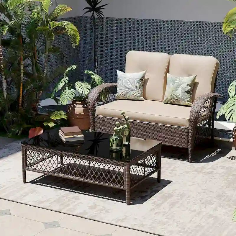 UPHA Outdoor Wicker Patio Loveseat Conversation Set with Cushions and Coffee Table