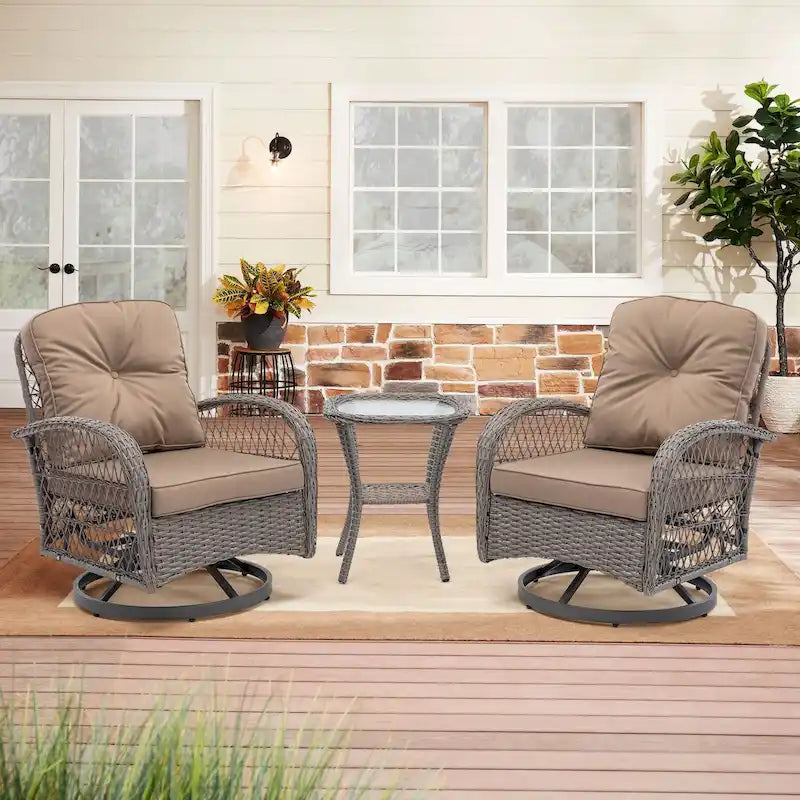 Set Salotto da Esterno 3 Pezzi con Poltrone Girevoli a Dondolo, Set Conversazione per Patio con Cuscini Spessi e Tavolino