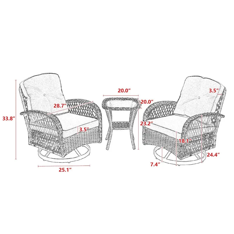 Set Salotto da Esterno 3 Pezzi con Poltrone Girevoli a Dondolo, Set Conversazione per Patio con Cuscini Spessi e Tavolino