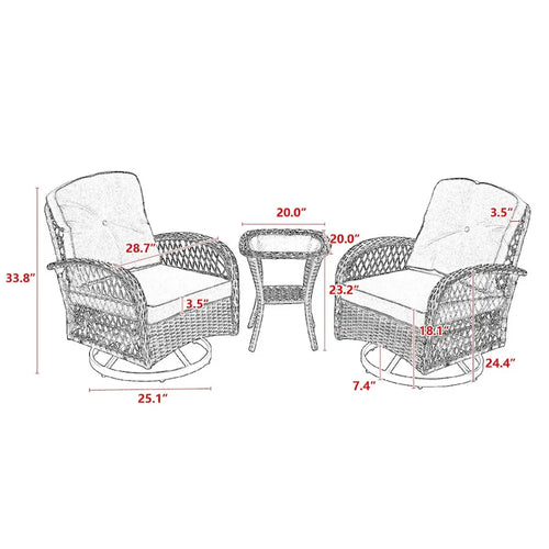 Ensemble de 3 chaises de jardin pivotantes à bascule pour l'extérieur, ensemble de conversation de jardin à bascule à 360 degrés avec coussins épais et table basse