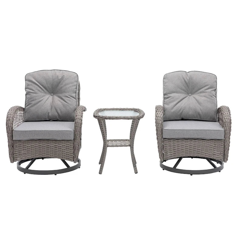 Set Salotto da Esterno 3 Pezzi con Poltrone Girevoli a Dondolo, Set Conversazione per Patio con Cuscini Spessi e Tavolino