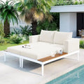 Modern Outdoor Daybed Patio Lettino da giorno in metallo con piani laterali in legno per bevande, 2 in 1 Poltrone imbottite