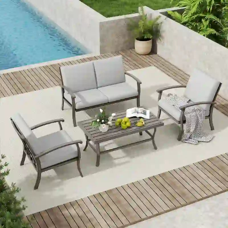 Set da conversazione da patio a 4 posti in alluminio con tavolino da caffè, divanetto e cuscini grigio chiaro
