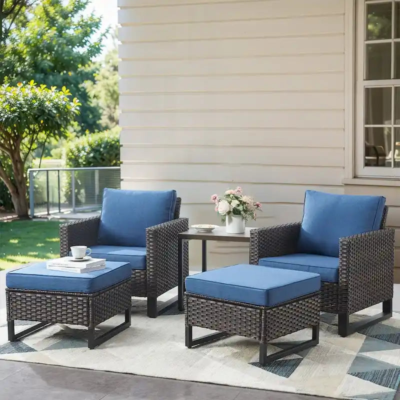 Patio Chairs with 2 Ottoman and Glass Side Table - Brown