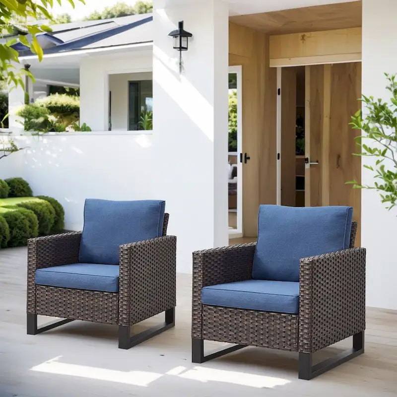 Sedie da Patio con 2 Pouf e Tavolino Laterale in Vetro - Marrone