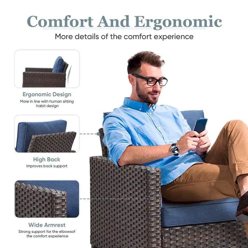 Sedie da Patio con 2 Pouf e Tavolino Laterale in Vetro - Marrone
