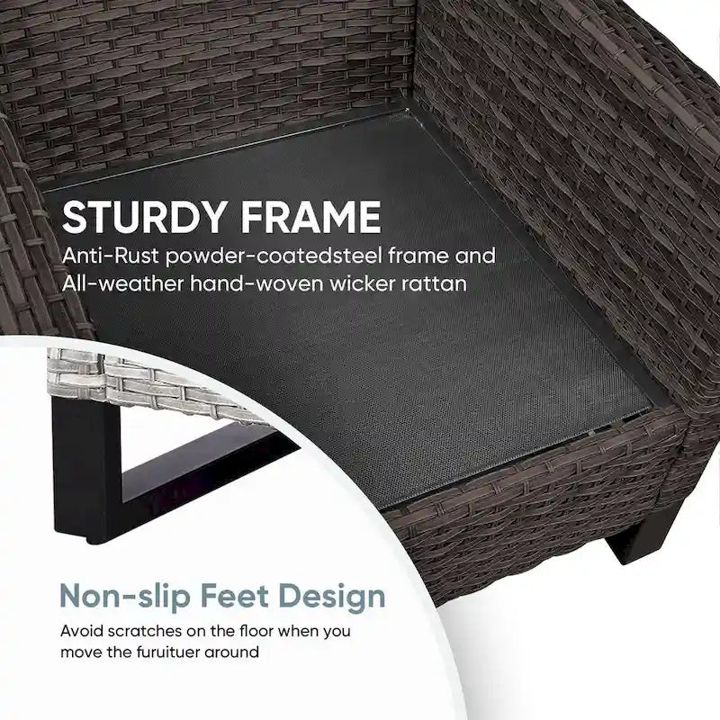 Sedie da Patio con 2 Pouf e Tavolino Laterale in Vetro - Marrone