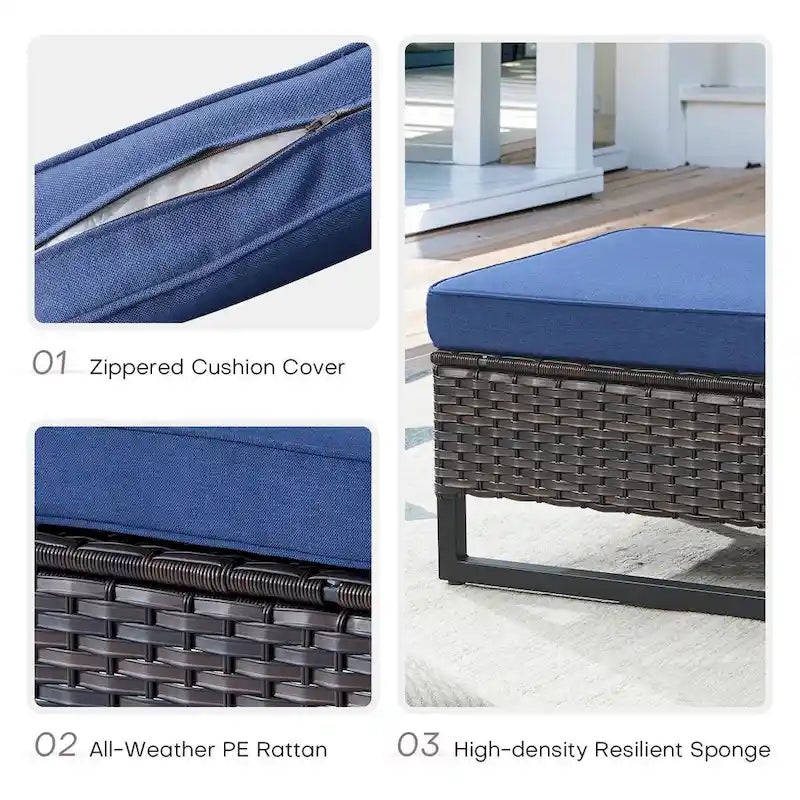 Sedie da Patio con 2 Pouf e Tavolino Laterale in Vetro - Marrone
