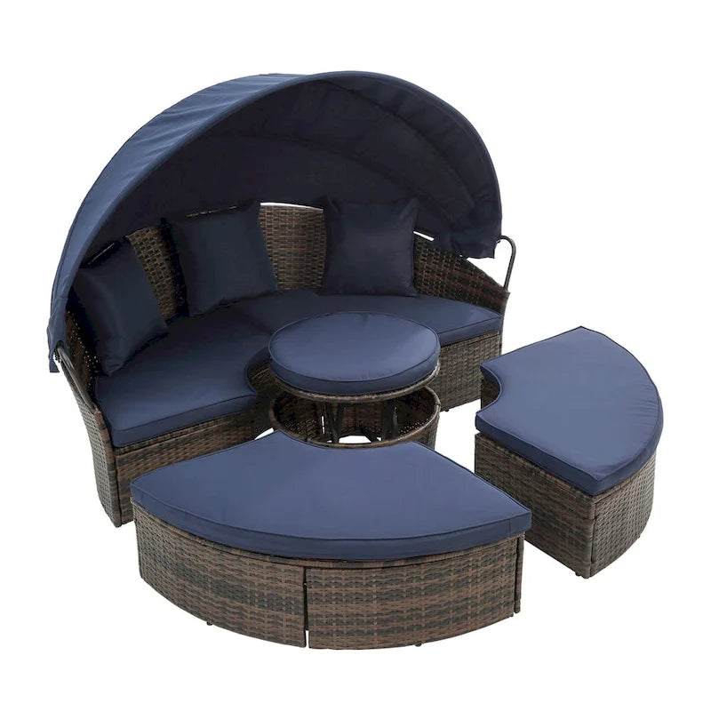 Lettino da esterno blu navy con tettuccio regolabile e design convertibile