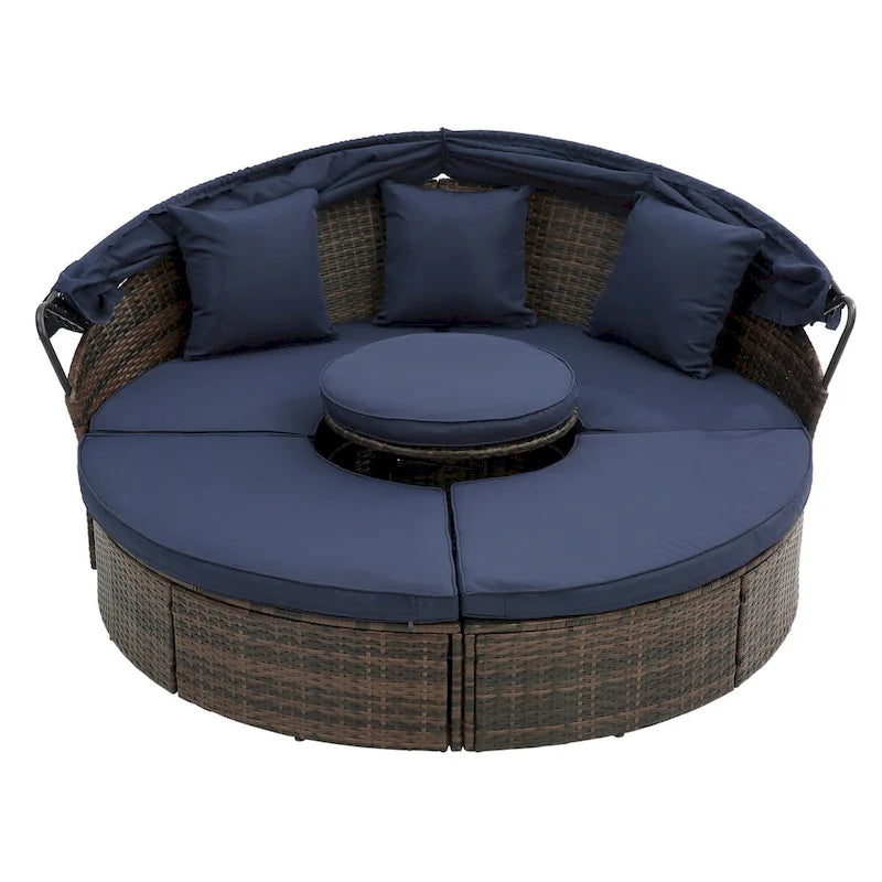 Lettino da esterno blu navy con tettuccio regolabile e design convertibile