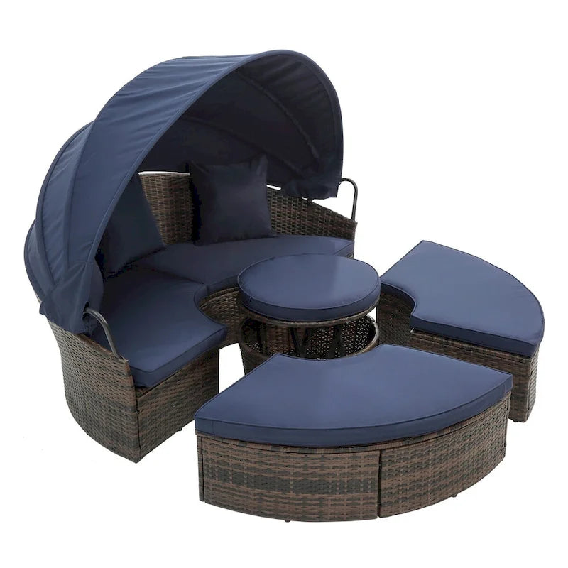 Lettino da esterno blu navy con tettuccio regolabile e design convertibile