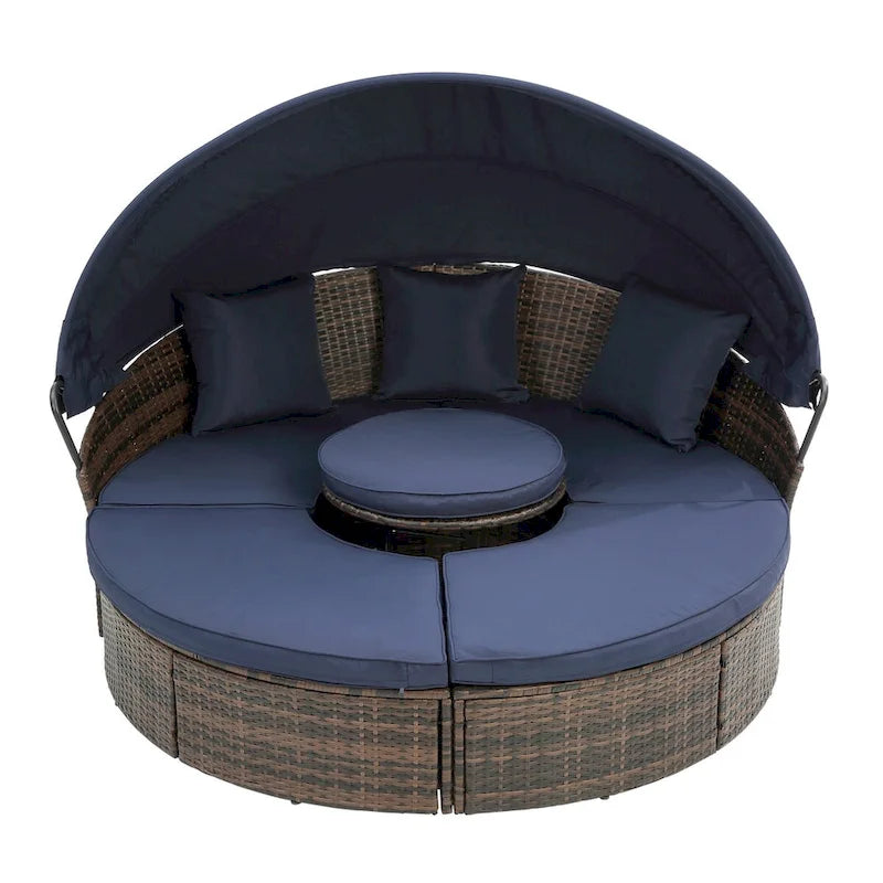 Lettino da esterno blu navy con tettuccio regolabile e design convertibile