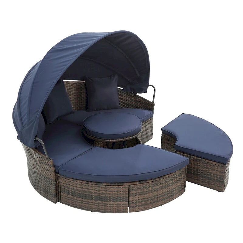 Lettino da esterno blu navy con tettuccio regolabile e design convertibile