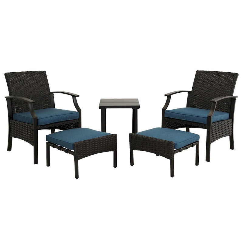Set da conversazione da patio da 5 pezzi con cuscini con tavolino da caffè e pouf