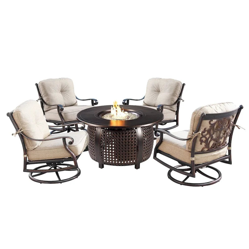 Set tavolo rotondo da esterno in alluminio da 44 pollici con braciere, quattro poltrone reclinabili girevoli e accessori