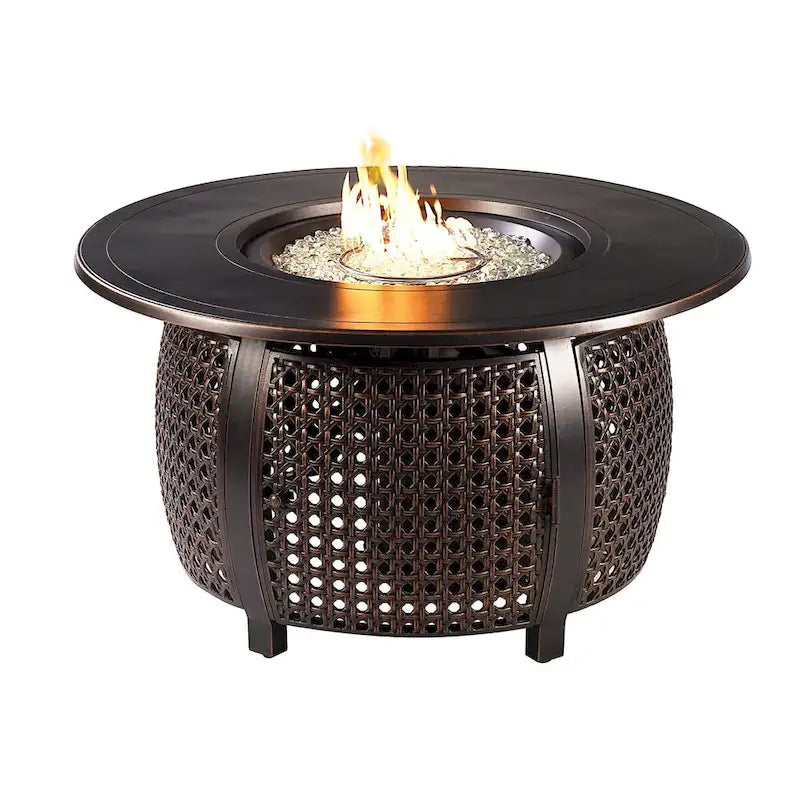 Set tavolo rotondo da esterno in alluminio da 44 pollici con braciere, quattro poltrone reclinabili girevoli e accessori