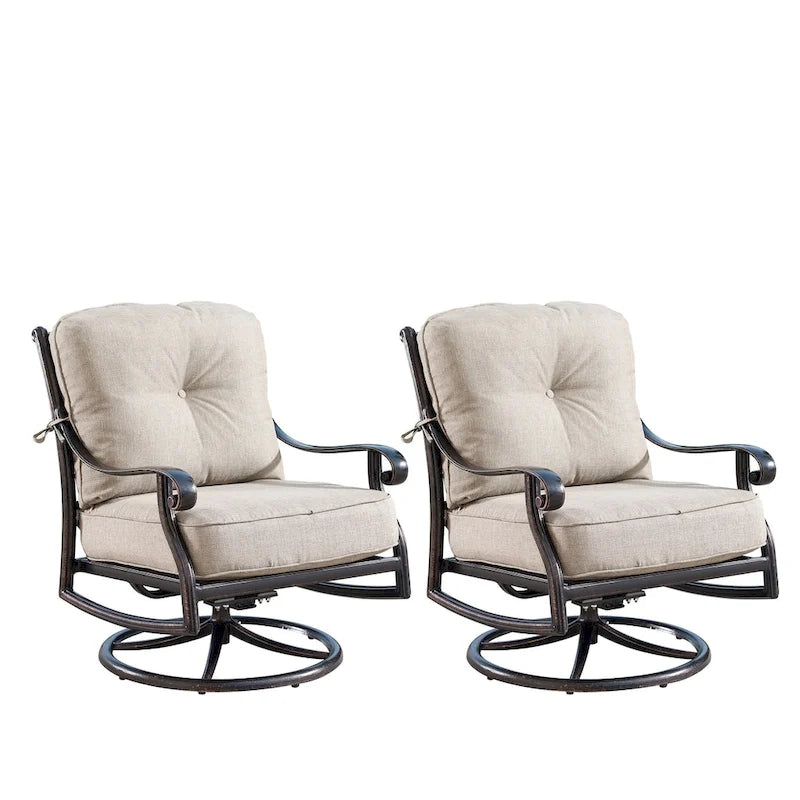 Set tavolo rotondo da esterno in alluminio da 44 pollici con braciere, quattro poltrone reclinabili girevoli e accessori