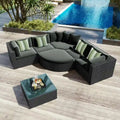 7-piece Outdoor Wicker Conversation Sofa Set With Striped Green Pillows