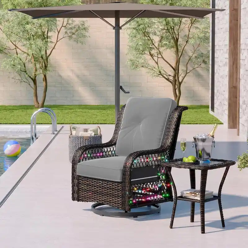 Sedia a dondolo da esterno e tavolino in rattan con illuminazione a LED orientabile, 2 pezzi (seduta singola)